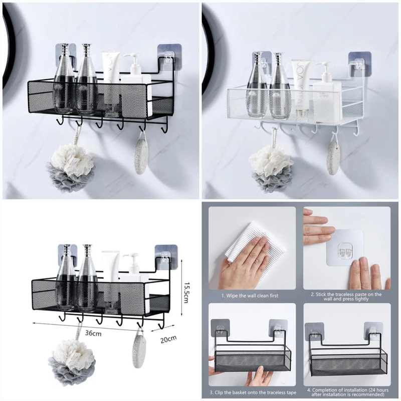 Metal Meshed Wall-Mounted Shelf with Hooks