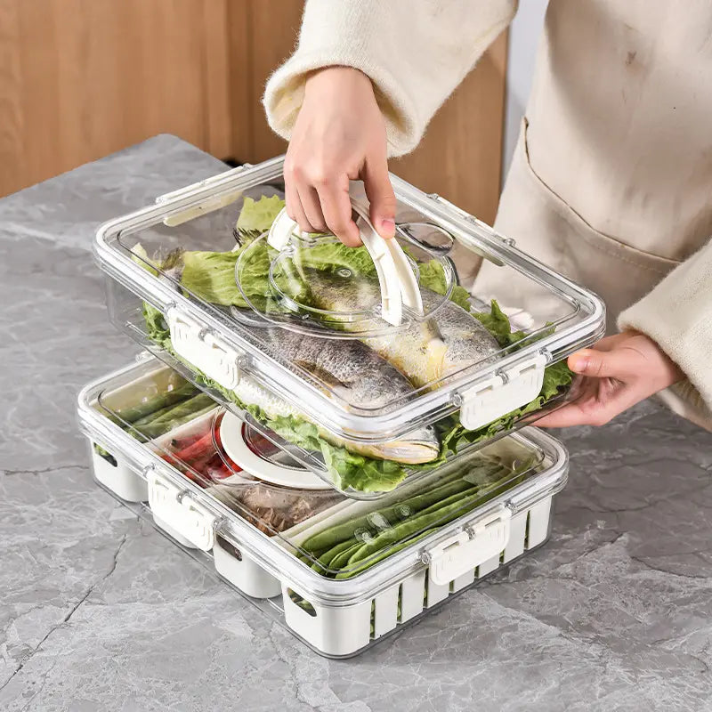 Acrylic 4 Grid Sealed Fridge Storage Box With Strainer