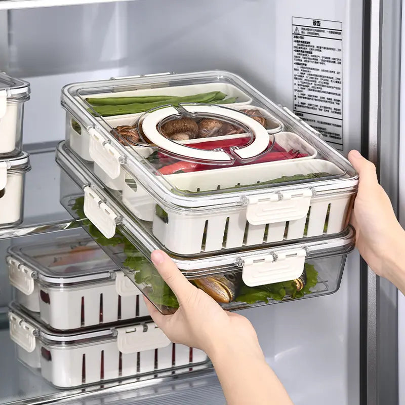 Acrylic 4 Grid Sealed Fridge Storage Box With Strainer