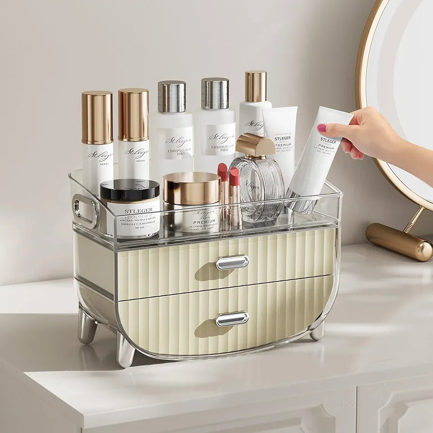 2-Tier Fluted Makeup Organizer with Drawers – Cream & Silver
