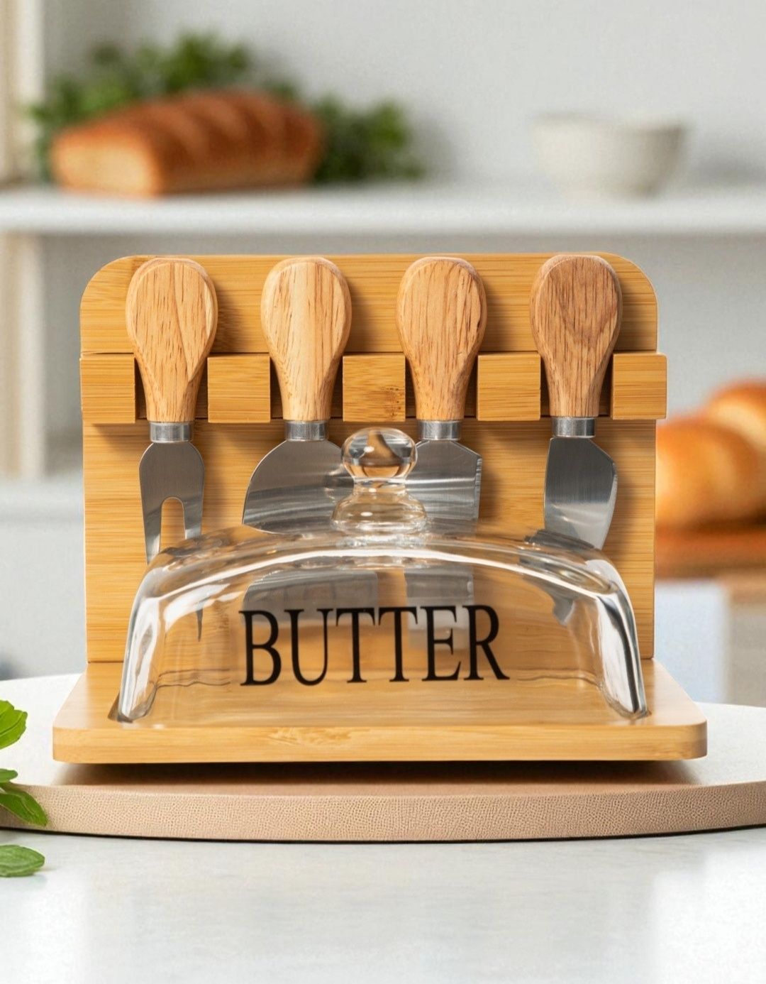 Bamboo Butter & Cheese Board Set with Glass Dome