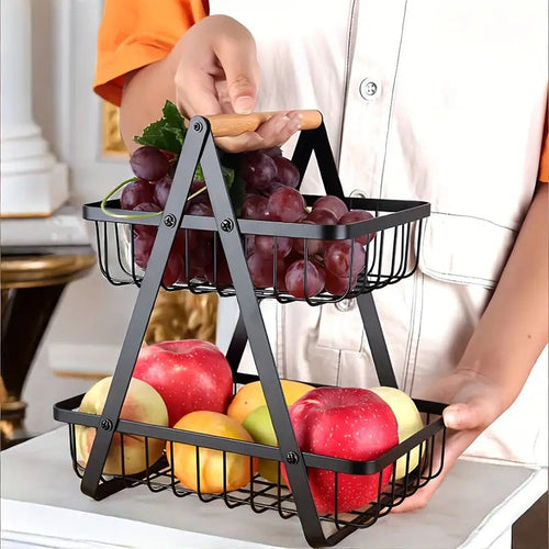 2-Tier Metal Fruit Basket with Wooden Handle
