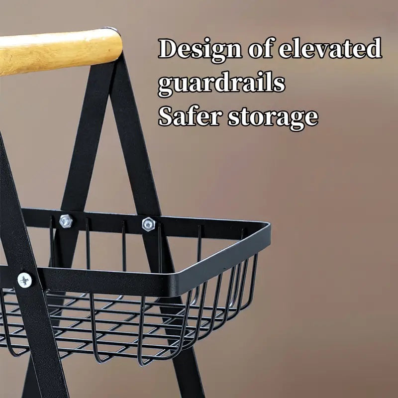 2-Tier Metal Fruit Basket with Wooden Handle