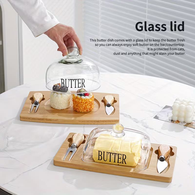 Premium Bamboo & Glass Butter Dish Set
