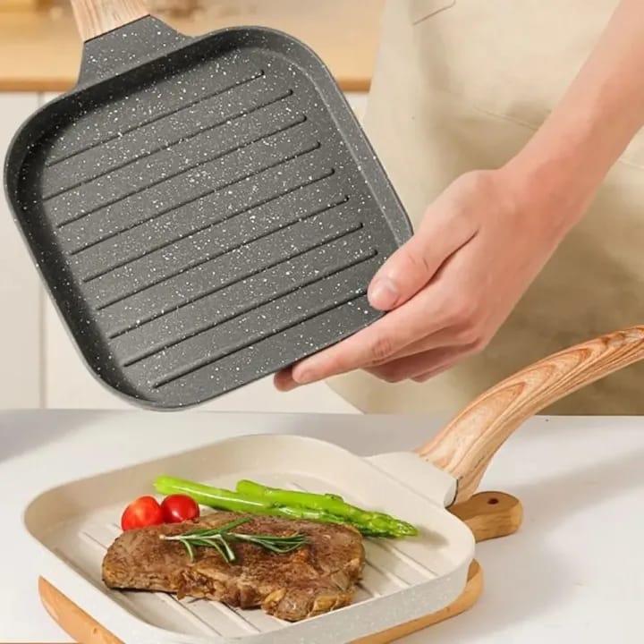 Premium Non-Stick Grill Frying Pan with Wooden Handle