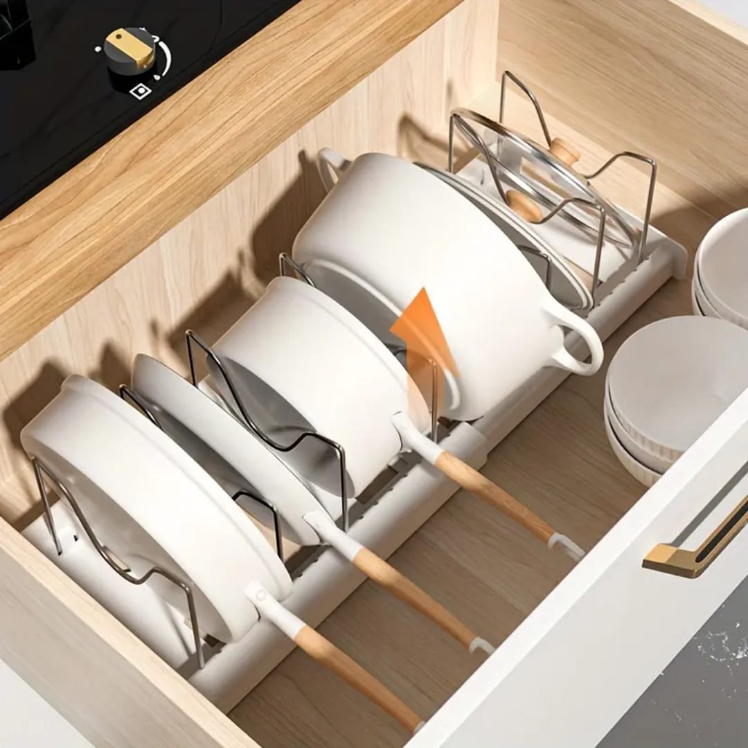 Expandable Pot & Pan Organizer with Adjustable U-Shaped Dividers – Vertical Cookware Storage for Lids, pans and tray