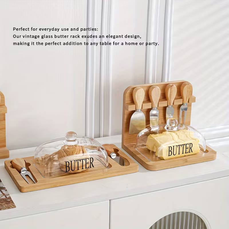Premium Bamboo & Glass Butter Dish Set