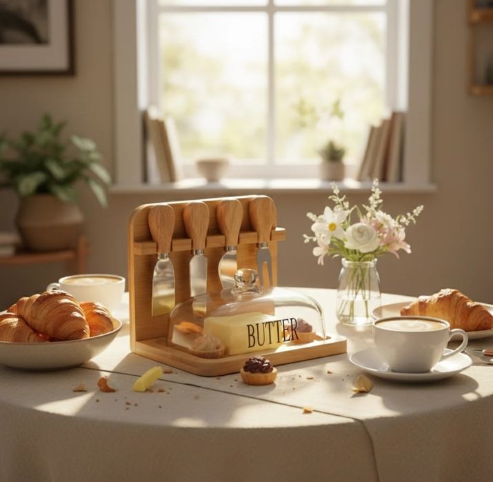 Bamboo Butter & Cheese Board Set with Glass Dome