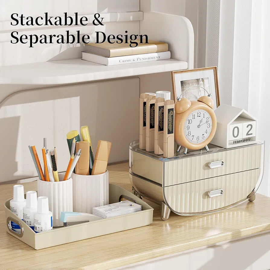 2-Tier Fluted Makeup Organizer with Drawers – Cream & Silver