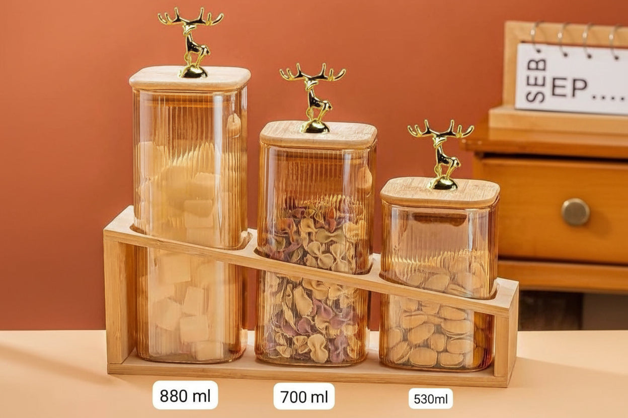 Luxury Deer Lid Storage Jar Set (3 Pcs with Wooden Stand)