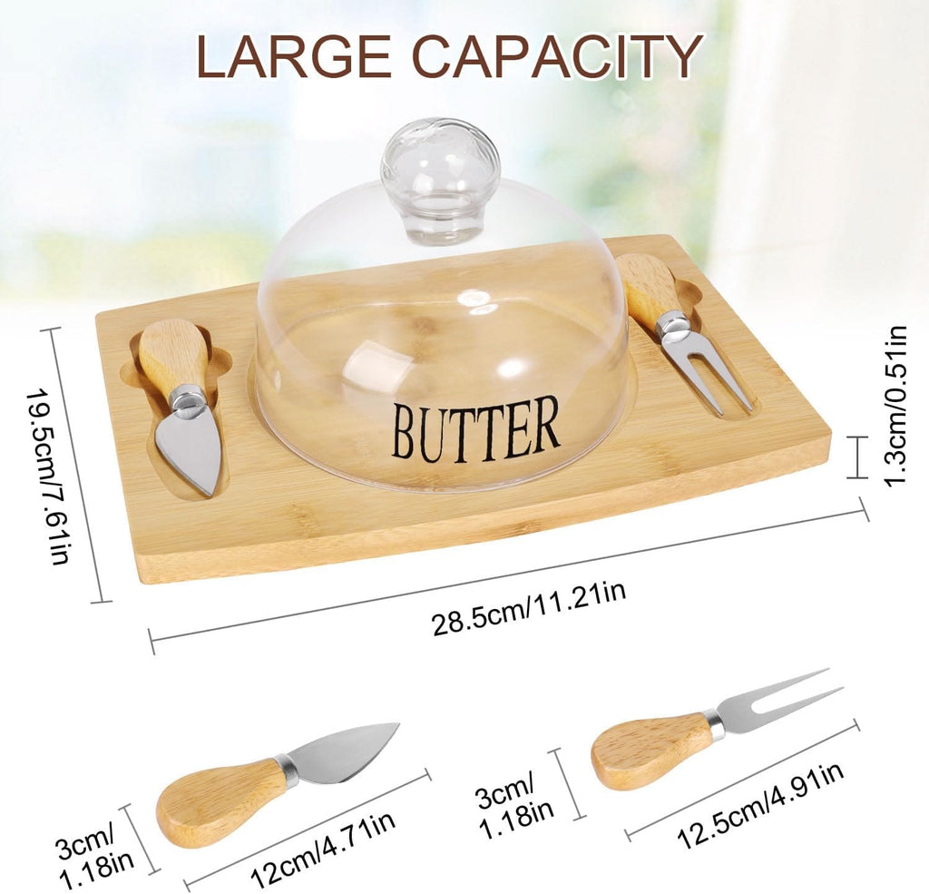 Premium Bamboo & Glass Butter Dish Set