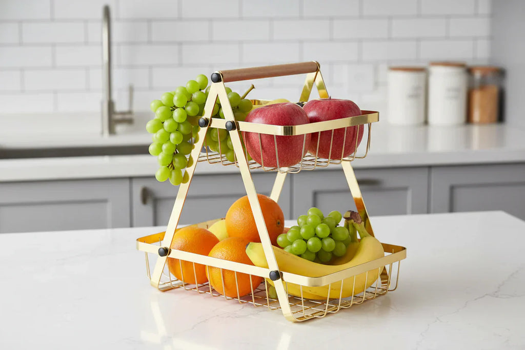 2-Tier Metal Fruit Basket with Wooden Handle