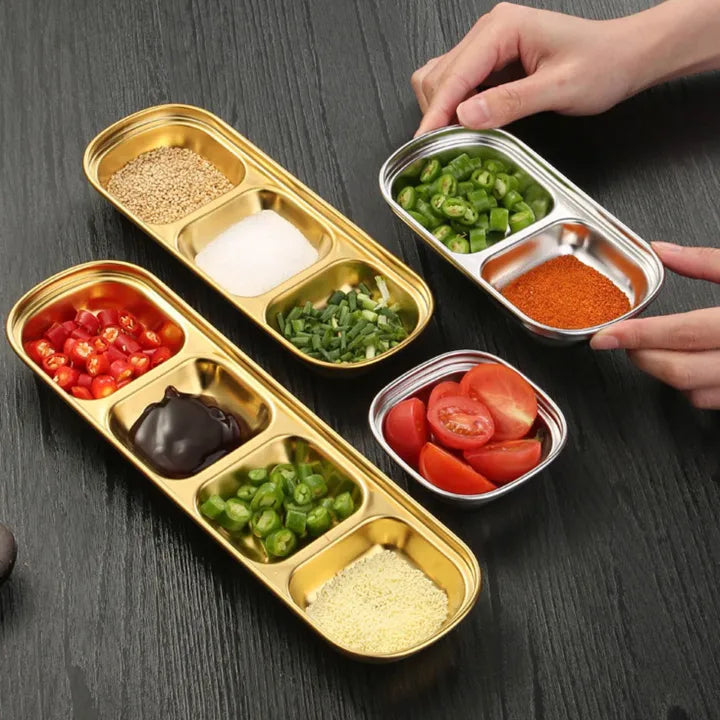 3-Compartment Stainless Steel Sauce & Condiment Tray (Golden)