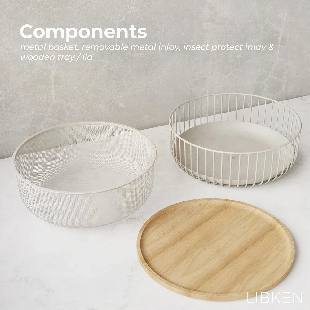 Metal Wire Mesh Fruit Basket with Wooden Lid (Fly-Proof)