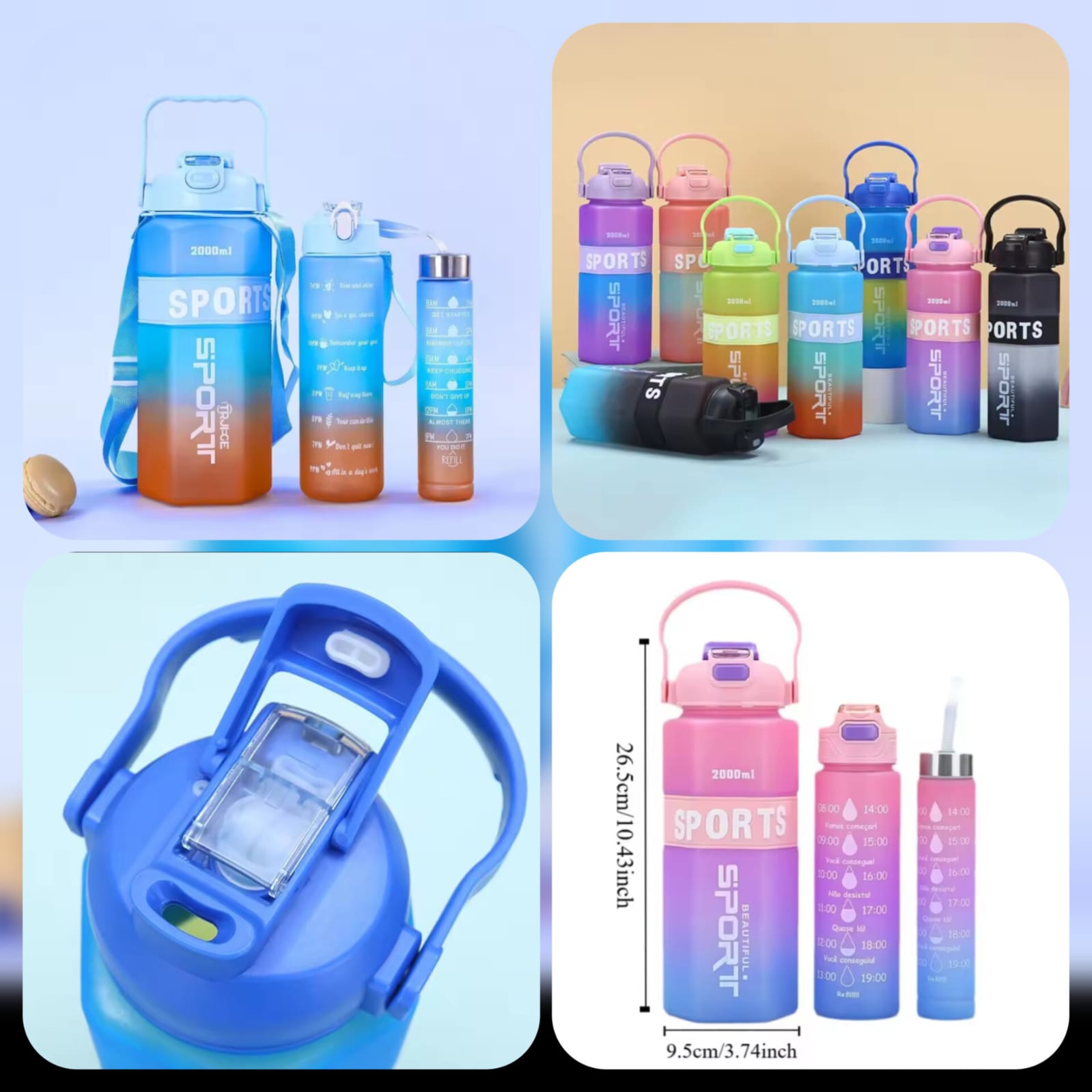 Set of 3 Sport Water Bottles with Straw – Modern Ombre Design