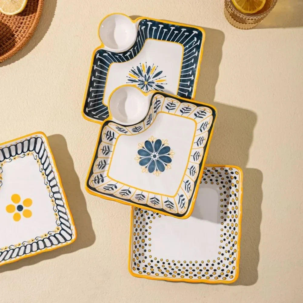 7-Inch Ceramic Dumpling Plate with Built-In Dipping Tray