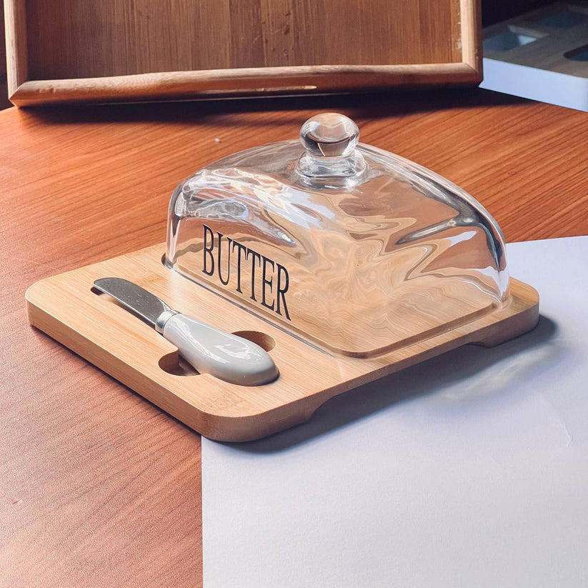 Glass Butter Dish with Bamboo Base & Knife