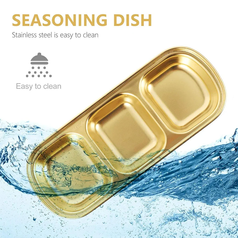 3-Compartment Stainless Steel Sauce & Condiment Tray (Golden)
