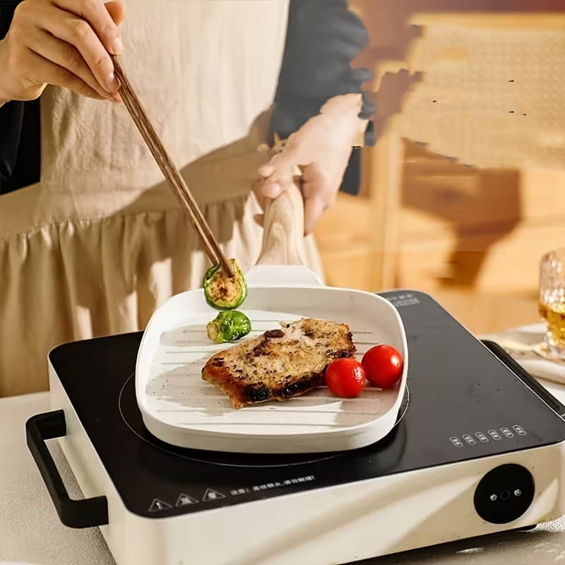 Premium Non-Stick Grill Frying Pan with Wooden Handle