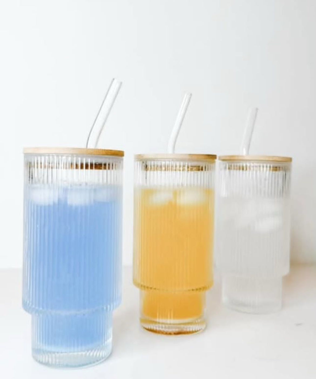 Ribbed Drinking Glasses with Bamboo Lids and Straws  400ML