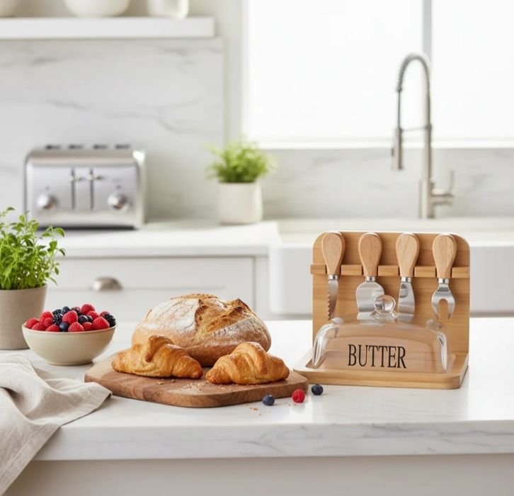 Bamboo Butter & Cheese Board Set with Glass Dome