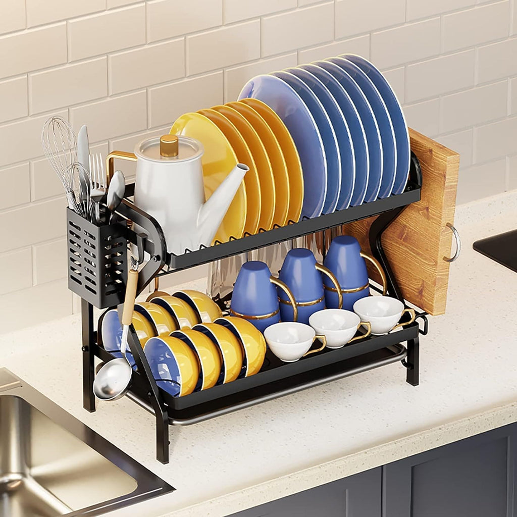 Premium 2-Tier Dish Drying Rack with Utensil Holder & Cutting Board Slot