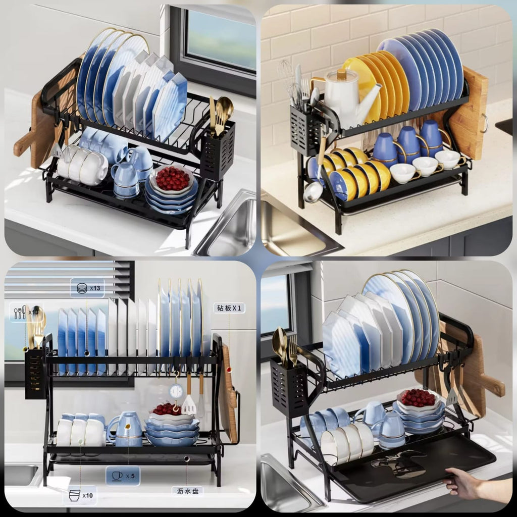 Premium 2-Tier Dish Drying Rack with Utensil Holder & Cutting Board Slot