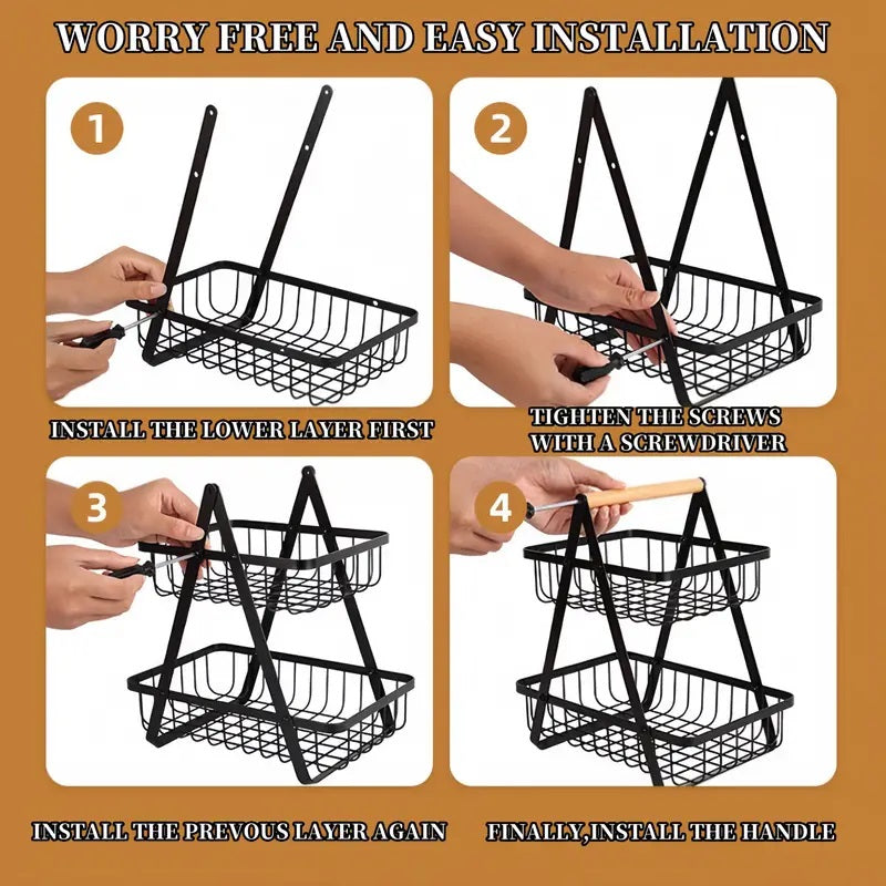 2-Tier Metal Fruit Basket with Wooden Handle
