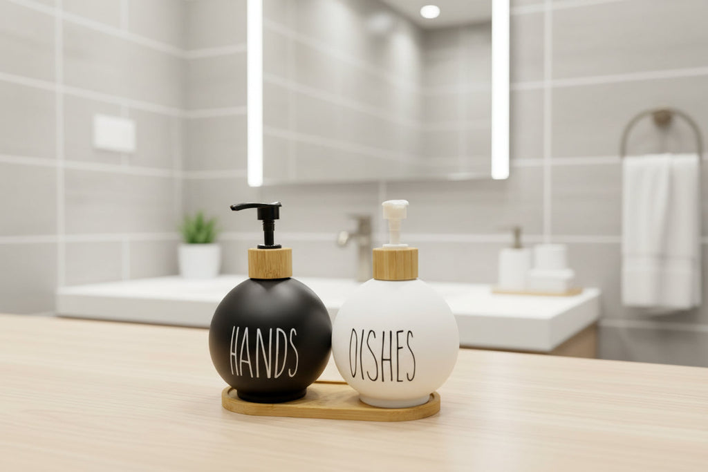 Premium: Luxe Glass Soap Dispenser Set with Bamboo Pumps & Organizing Tray (Set of 2)