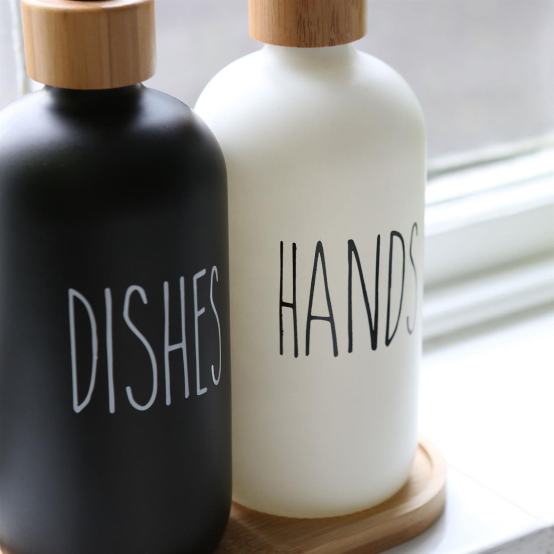 Premium: Luxe Glass Soap Dispenser Set with Bamboo Pumps & Organizing Tray (Set of 2)