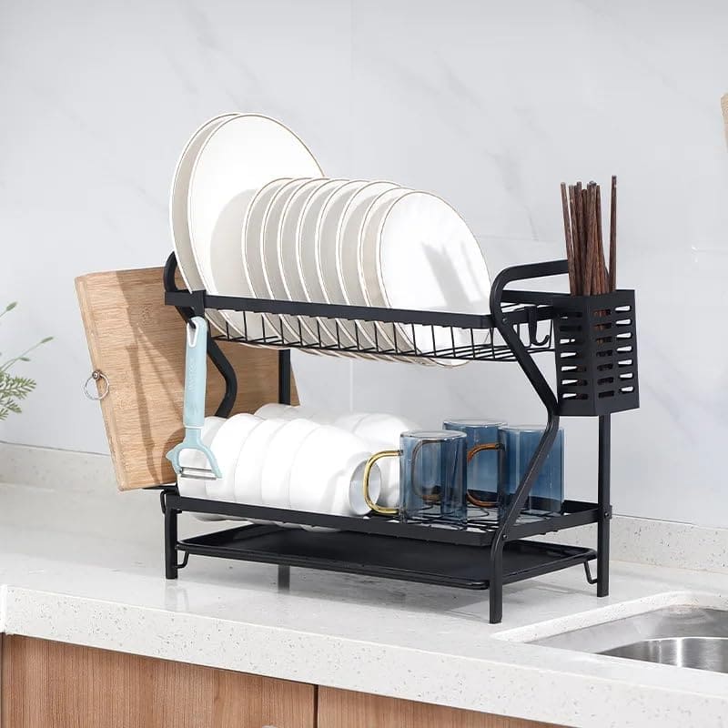 Premium 2-Tier Dish Drying Rack with Utensil Holder & Cutting Board Slot