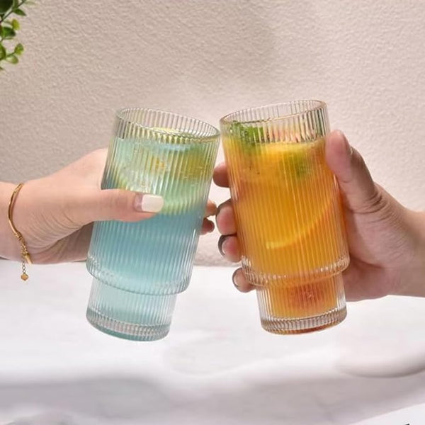 Ribbed Drinking Glasses with Bamboo Lids and Straws  400ML