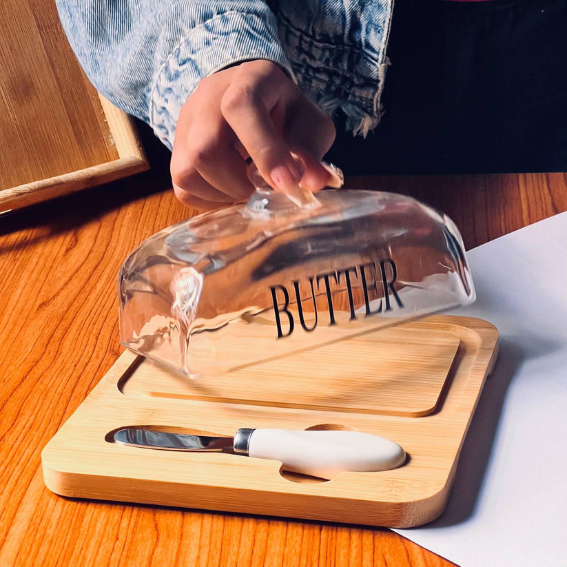 Glass Butter Dish with Bamboo Base & Knife