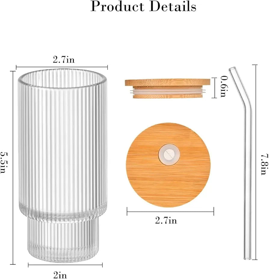 Ribbed Drinking Glasses with Bamboo Lids and Straws  400ML