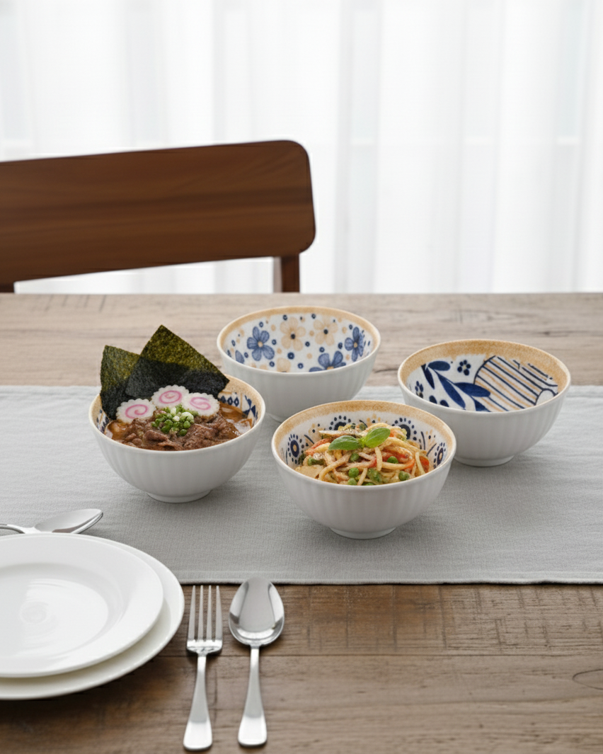 Japanese-Style Floral Ceramic Bowls – Set of 6