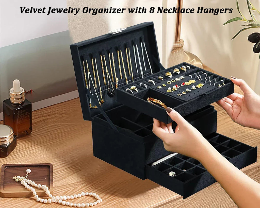 Premium Velvet Jewelry Organizer Box – 3 Layer with Lock