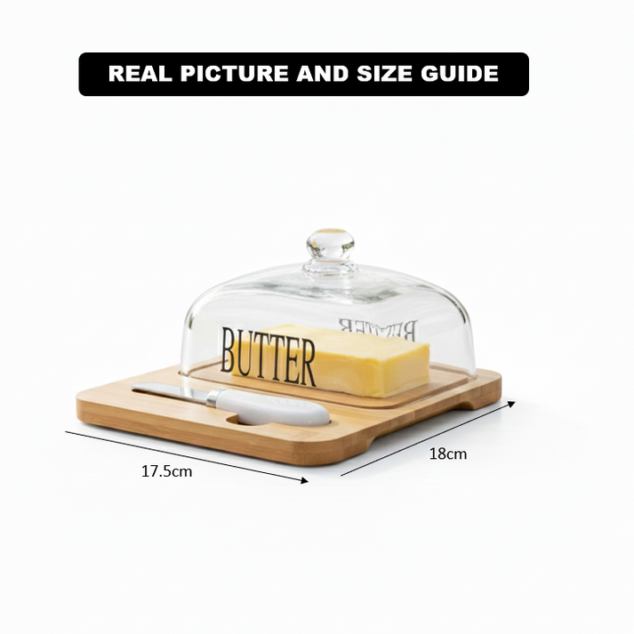 Glass Butter Dish with Bamboo Base & Knife