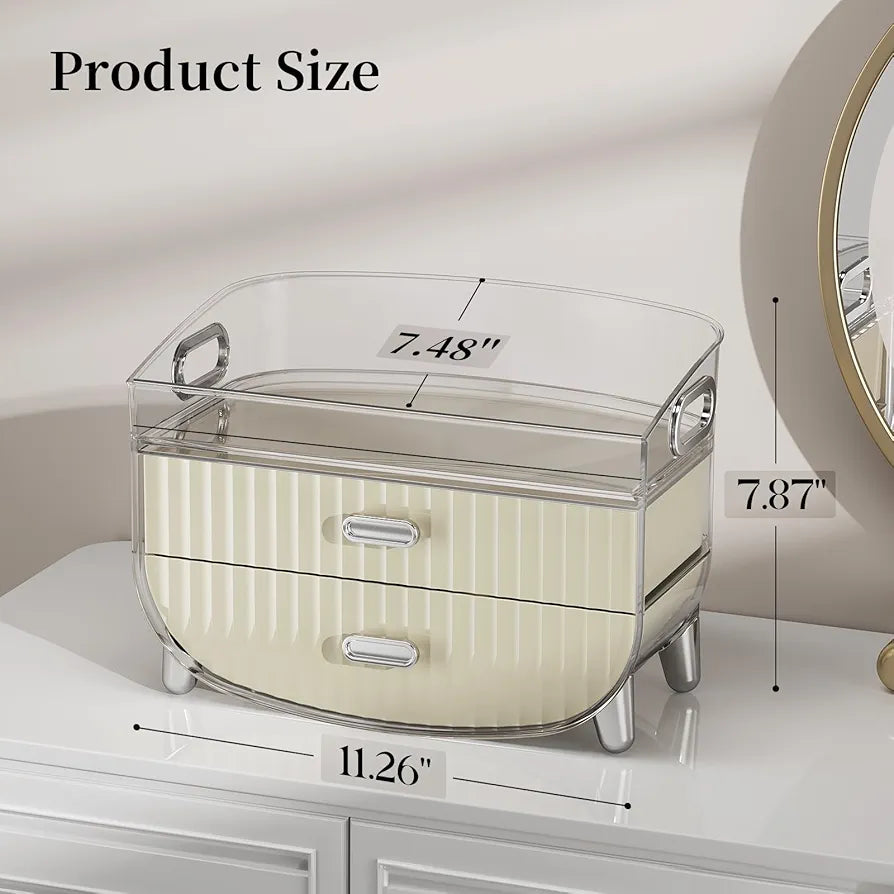 2-Tier Fluted Makeup Organizer with Drawers – Cream & Silver