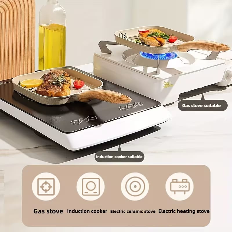 Premium Non-Stick Grill Frying Pan with Wooden Handle