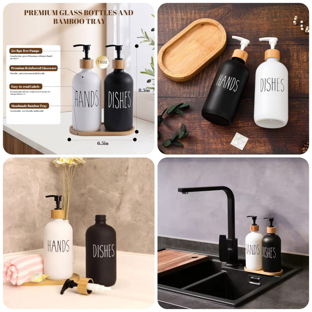 Premium: Luxe Glass Soap Dispenser Set with Bamboo Pumps & Organizing Tray (Set of 2)