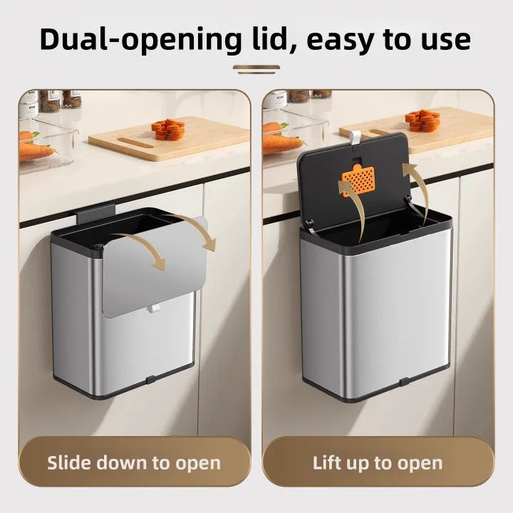 Stainless Steel Hanging Trash Can – Dual Opening Lid (3L / 8L)