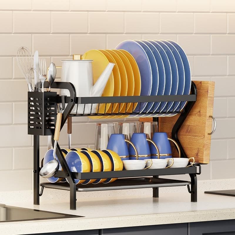 Premium 2-Tier Dish Drying Rack with Utensil Holder & Cutting Board Slot