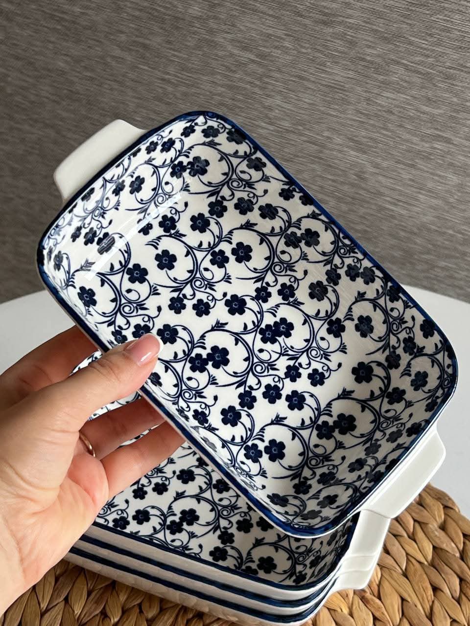 Danny Home Blue Floral Ceramic Baking & Serving Bowl