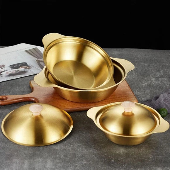 Golden Serving Bowl & Cooking Pot – With Lid & Side Handles