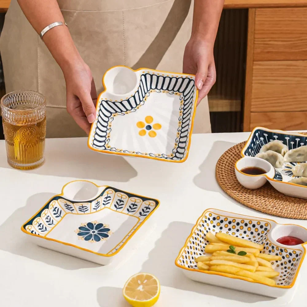 7-Inch Ceramic Dumpling Plate with Built-In Dipping Tray