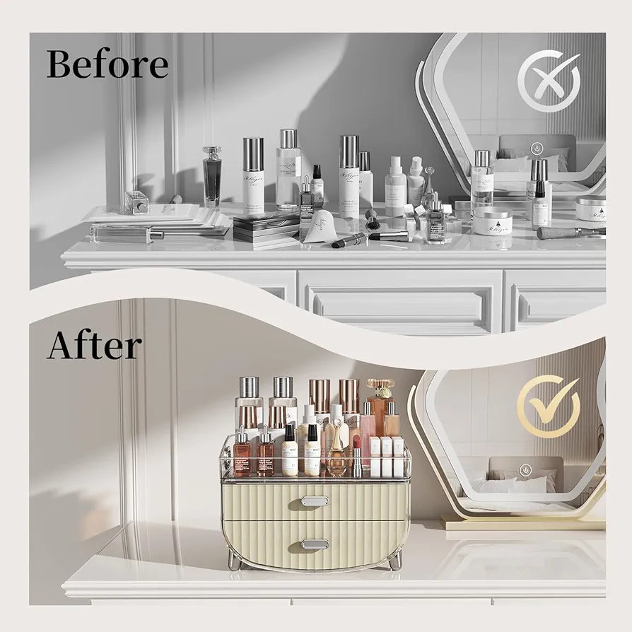 2-Tier Fluted Makeup Organizer with Drawers – Cream & Silver