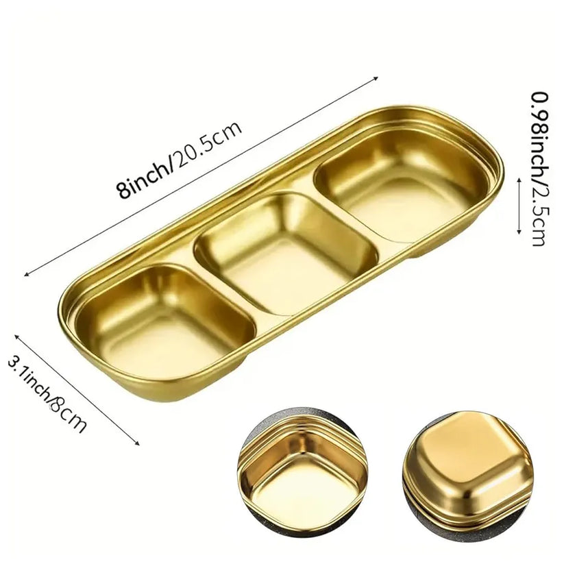 3-Compartment Stainless Steel Sauce & Condiment Tray (Golden)