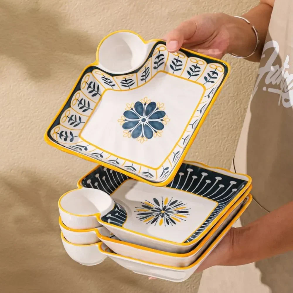 7-Inch Ceramic Dumpling Plate with Built-In Dipping Tray