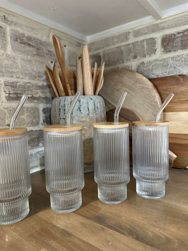 Ribbed Drinking Glasses with Bamboo Lids and Straws  400ML