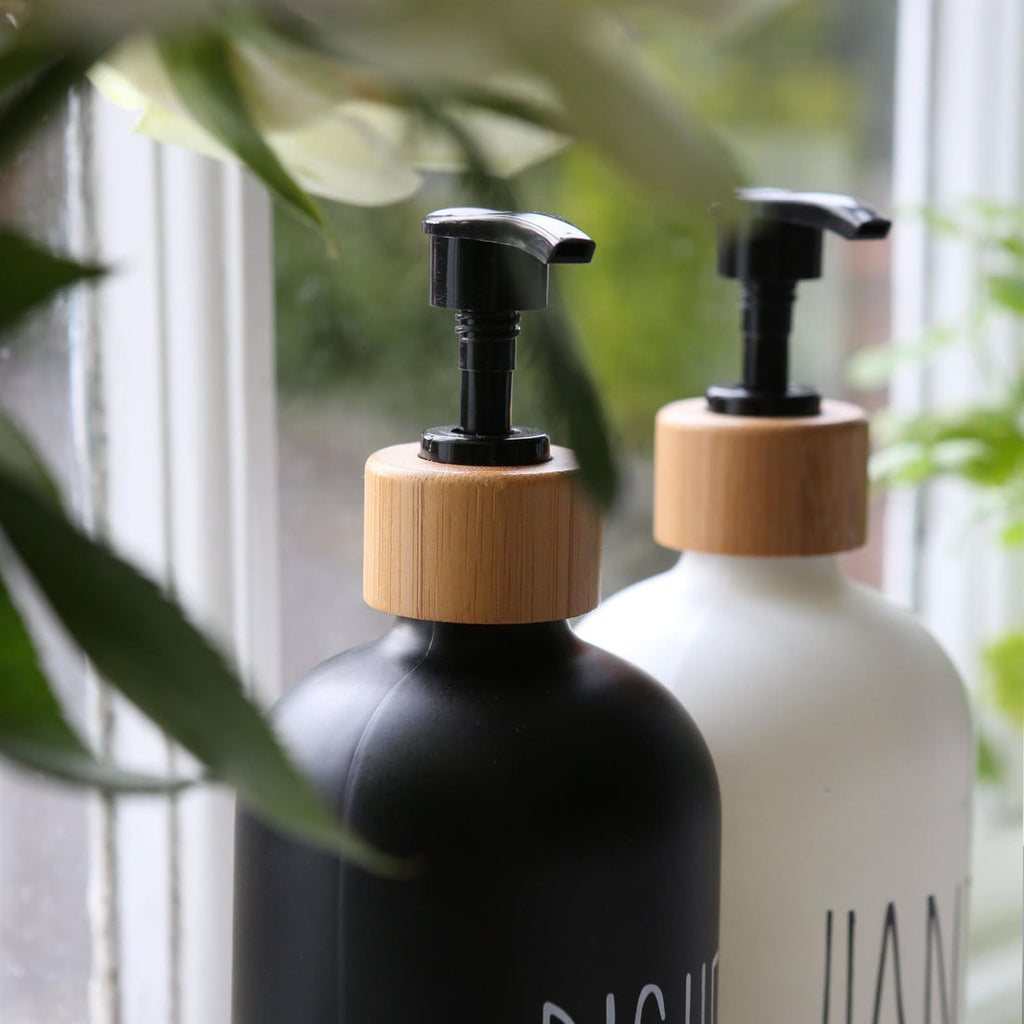 Premium: Luxe Glass Soap Dispenser Set with Bamboo Pumps & Organizing Tray (Set of 2)